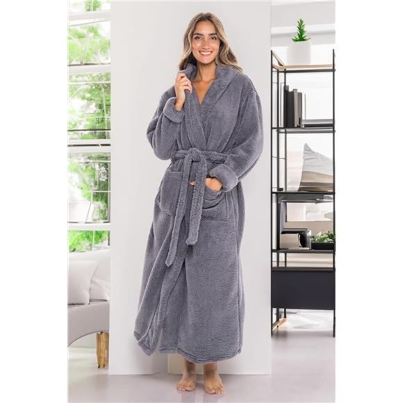 Women's Fuzzy Plush Fleece Bathrobe with Hood, Soft Warm Hooded Lounge Robe - Picture 3 of 6